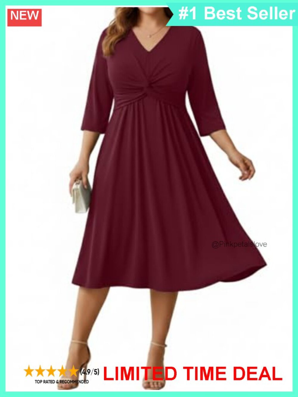Plus Size Wedding Guest Midi Dress V Neck 3/4 Sleeve A Line Empire Waist
